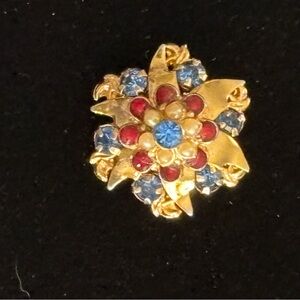 Vintage Gold-Tone Pinwheel/Floral Crystal Brooch - Red, White and Blue
